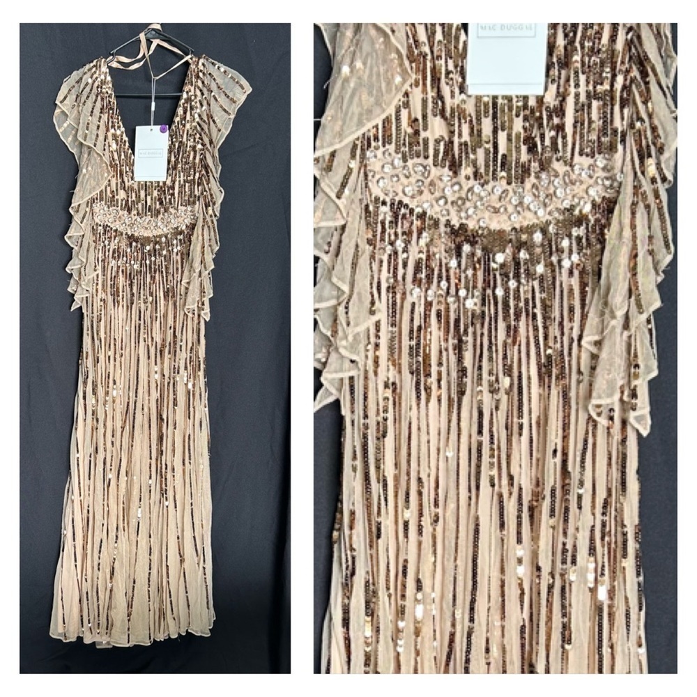 Mac Duggal 93916 NWT SEQUINED WRAP OVER RUFFLED CAP SLEEVE GOWN